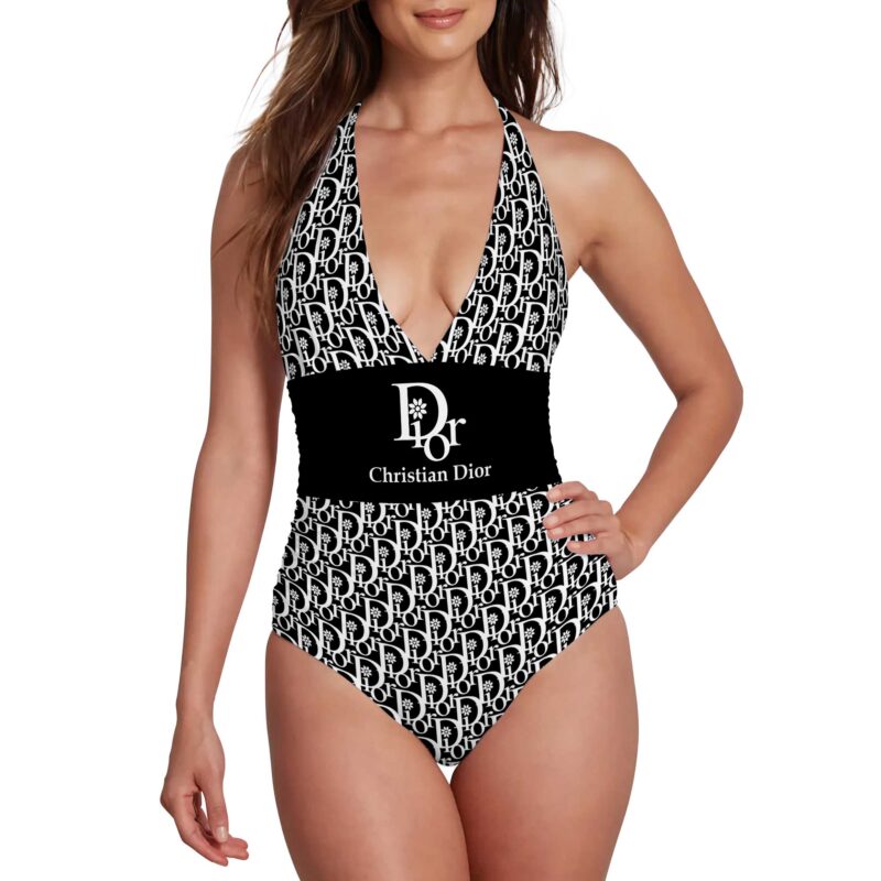 Dior Flowers Pattern Luxury Halter Neck One piece Swimsuit