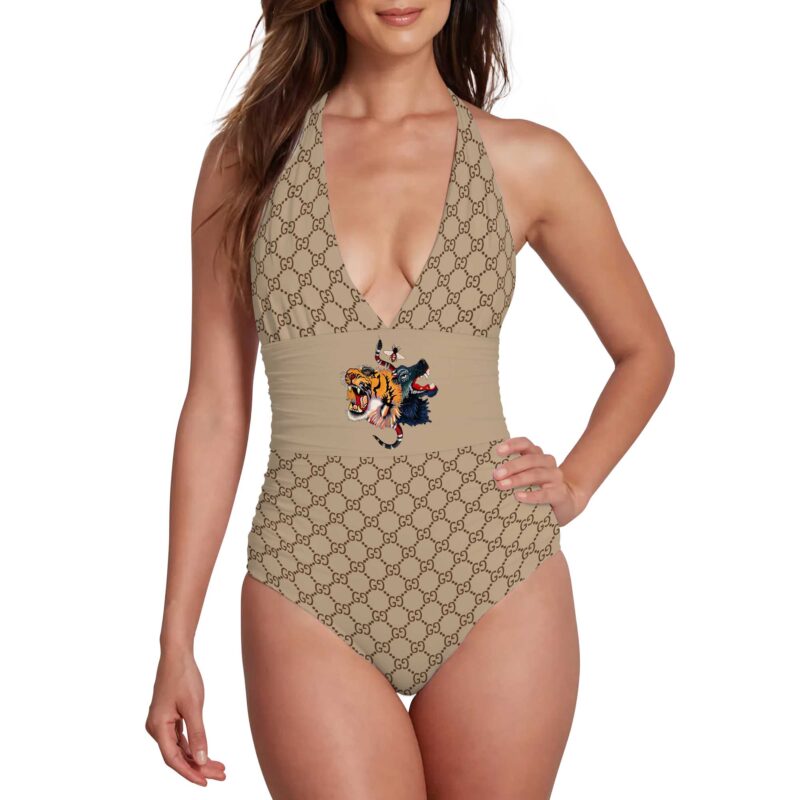 Gucci Animals Pattern Luxury Halter Neck One piece Swimsuit