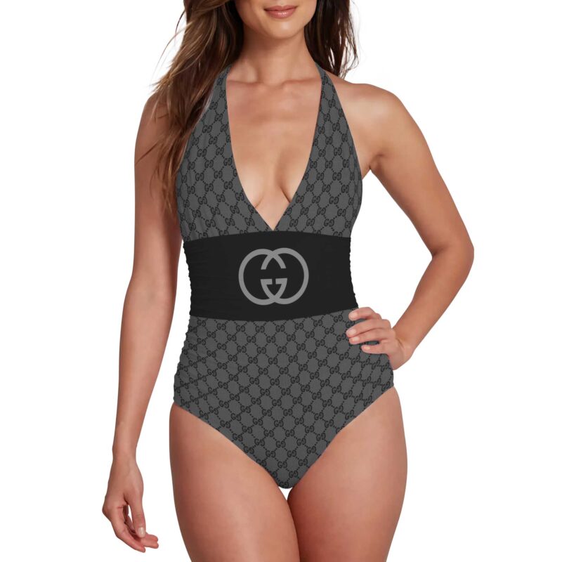 Gucci Black Pattern Luxury Halter Neck One piece Swimsuit