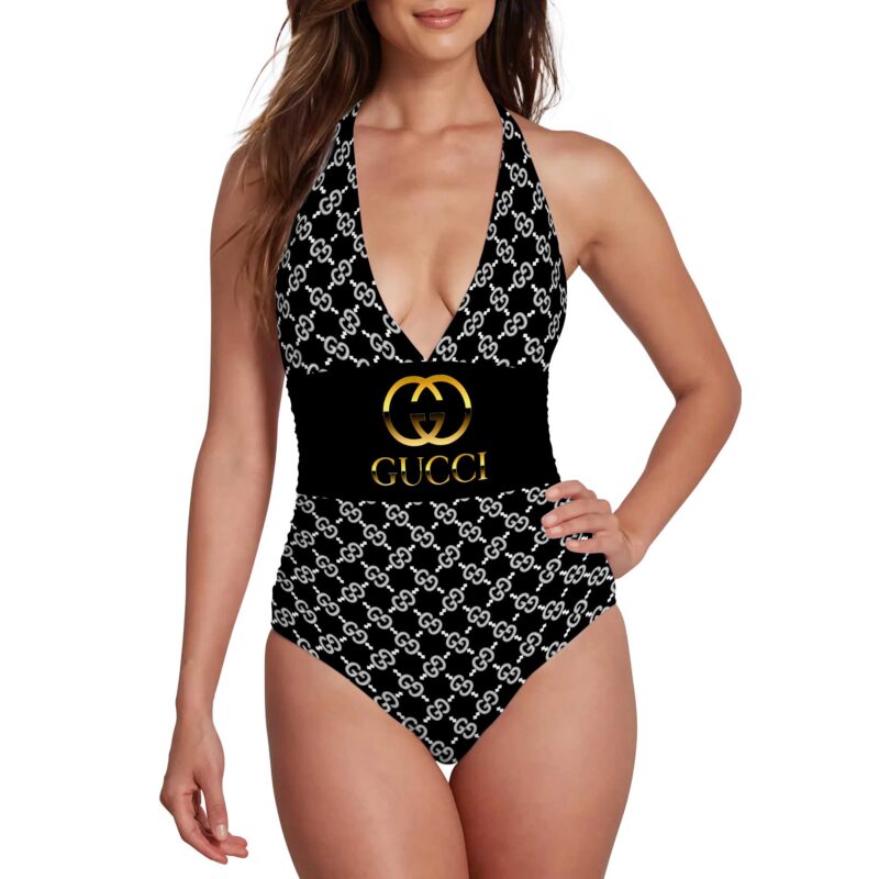 Gucci Black White Pattern Luxury Halter Neck One piece Swimsuit
