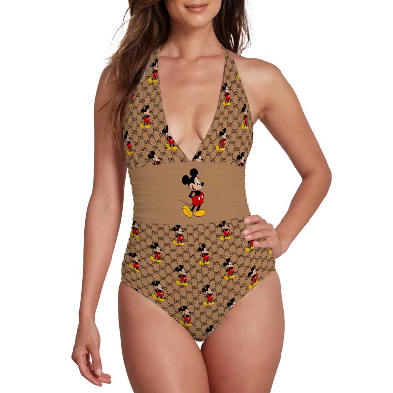 Gucci Mickey Pattern Luxury Halter Neck One piece Swimsuit