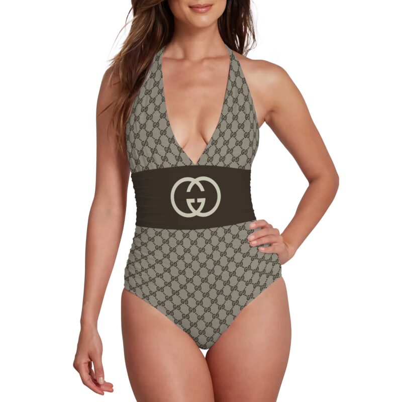 Gucci Pattern Luxury Halter Neck One piece Swimsuit