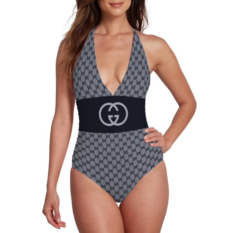 Gucci Silver Pattern Luxury Halter Neck One piece Swimsuit