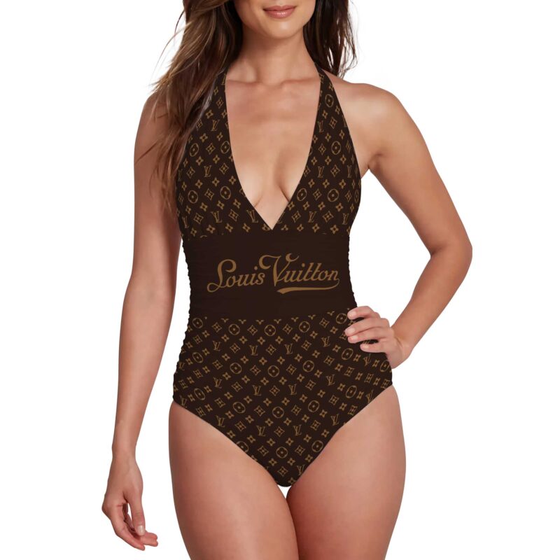 Louis Vuitton LV Brown Pattern Luxury Halter Neck One piece Swimsuit