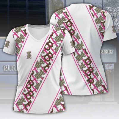 Burberry Bear Pink Pattern Luxury Women V-neck T-Shirt VNL1004