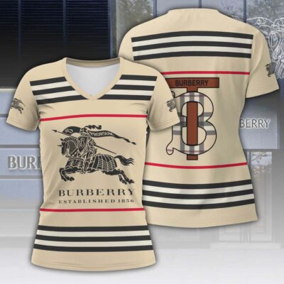 Burberry Established 1856 Pattern Luxury Women V-neck T-Shirt VNL1003