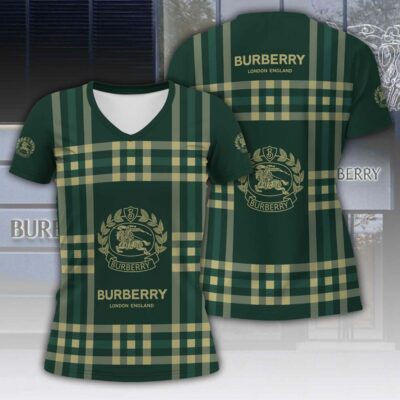 Burberry Green Pattern Luxury Women V-neck T-Shirt VNL1006