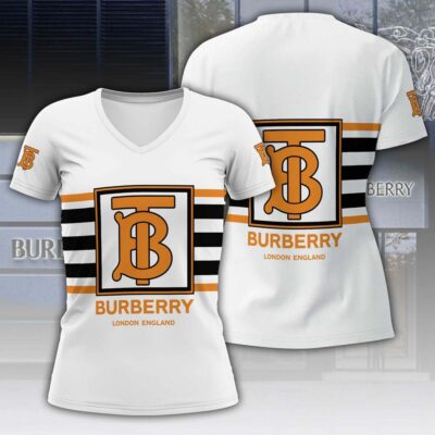 Burberry White Pattern Luxury Women V-neck T-Shirt VNL1007
