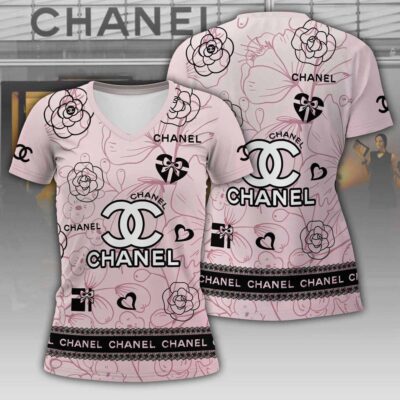 Chanel Pink Art Luxury Women V-neck T-Shirt VNL1015