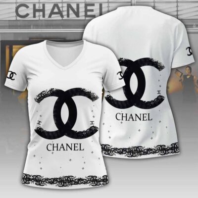 Chanel White Pattern Luxury Women V-neck T-Shirt VNL1014