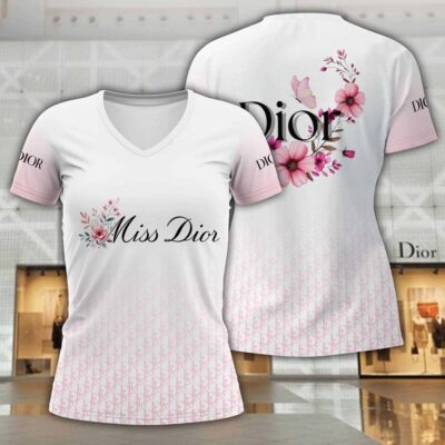 Dior Pink Flowers Pattern Luxury Women V-neck T-Shirt VNL1029