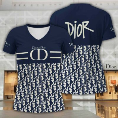 Dior Vintage Pattern Luxury Women V-neck T-Shirt VNL1024
