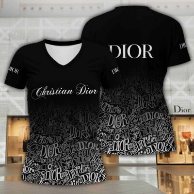 Dior White Pattern Luxury Women V-neck T-Shirt VNL1027