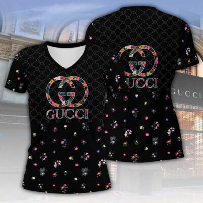Gucci Black Flowers Pattern Luxury Women V-neck T-Shirt VNL1038