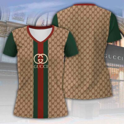 Gucci Brown Pattern Luxury Women V-neck T-Shirt VNL1031