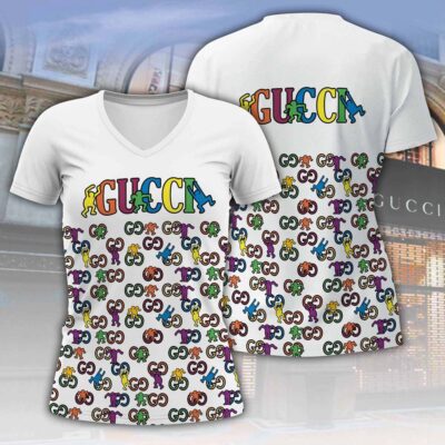 Gucci Dancings Pattern Luxury Women V-neck T-Shirt VNL1037