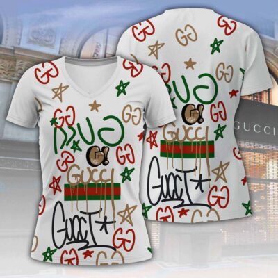 Gucci Digital Art Luxury Women V-neck T-Shirt VNL1041