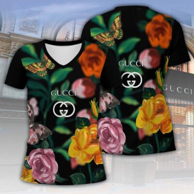 Gucci Flowers Art Luxury Women V-neck T-Shirt VNL1043