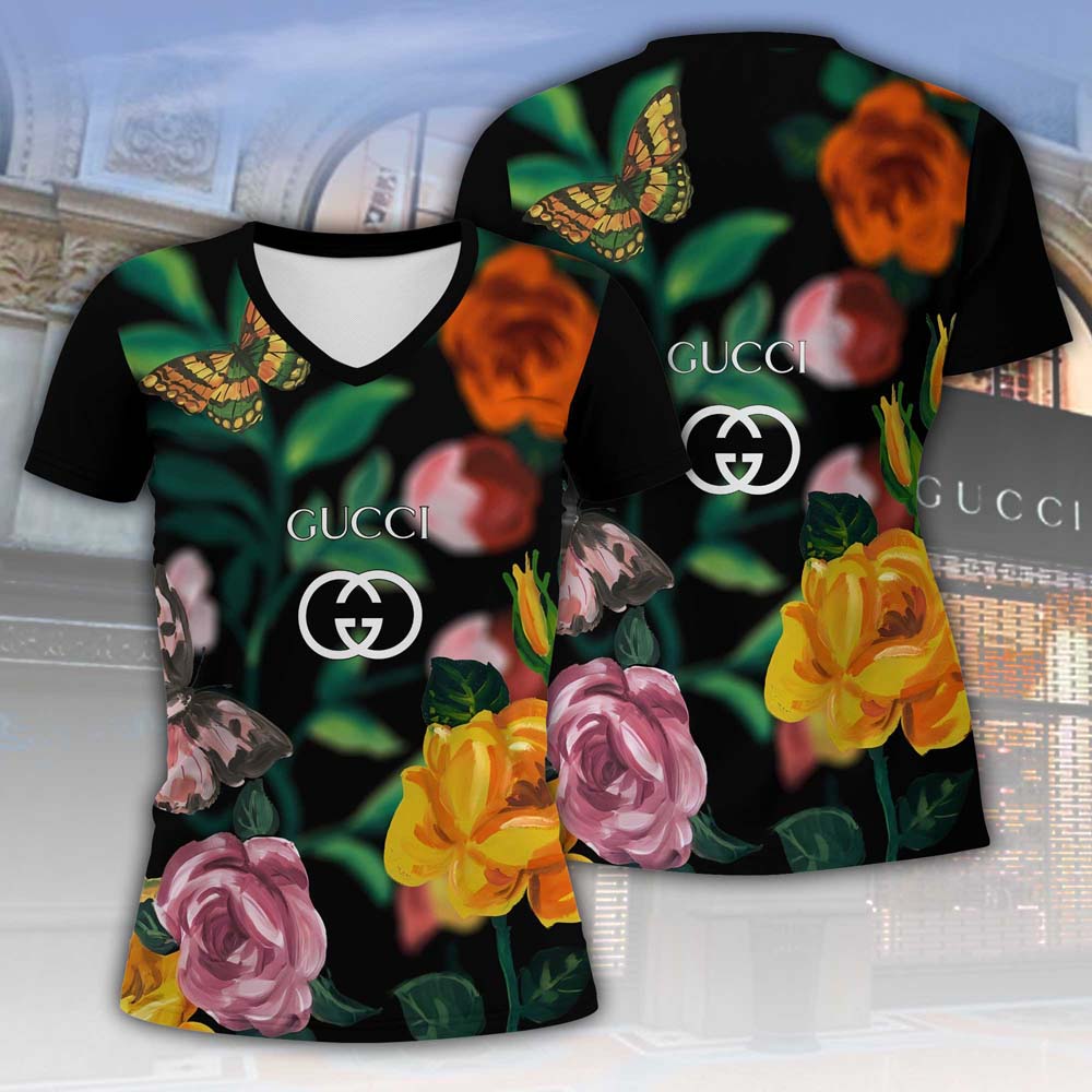 Gucci-Flowers-Art-Luxury-Women-V-neck-T-Shirt-VNL1043 Gucci Flowers Art Luxury Women V-neck T-Shirt VNL1043