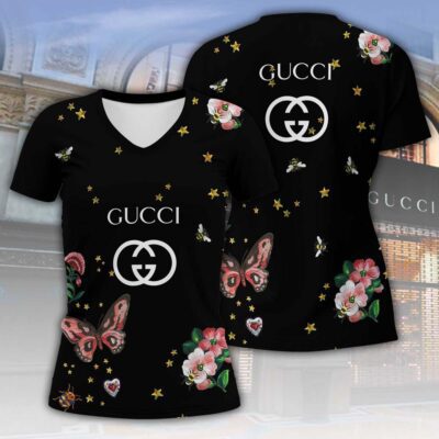 Gucci Flowers Bee Luxury Women V-neck T-Shirt VNL1044