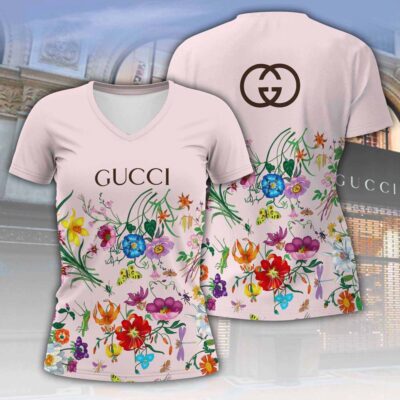 Gucci Flowers Luxury Women V-neck T-Shirt VNL1035