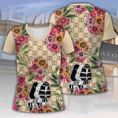 Gucci Flowers Pattern Luxury Women V-neck T-Shirt VNL1036