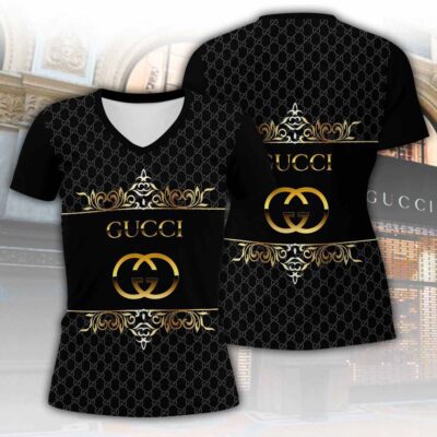 Gucci Golden Pattern Luxury Women V-neck T-Shirt VNL1042
