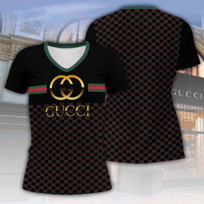 Gucci Red Green Pattern Luxury Women V-neck T-Shirt VNL1033