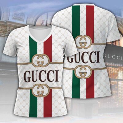 Gucci White Pattern Luxury Women V-neck T-Shirt VNL1040