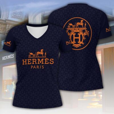 Hermes Blue Circle Pattern Luxury Women V-neck T-Shirt VNL1053