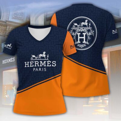 Hermes Blue Pattern Luxury Women V-neck T-Shirt VNL1047