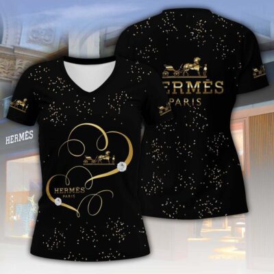 Hermes Heart Diamonds Luxury Women V-neck T-Shirt VNL1049
