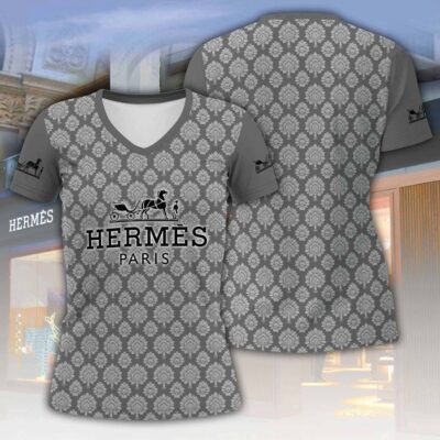 Hermes Silver Pattern Luxury Women V-neck T-Shirt VNL1052