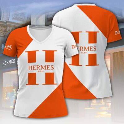 Hermes White Logo Luxury Women V-neck T-Shirt VNL1054