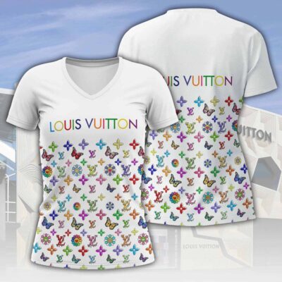 Louis Vuitton LV Buffterfly Pattern Luxury Women V-neck T-Shirt VNL1059