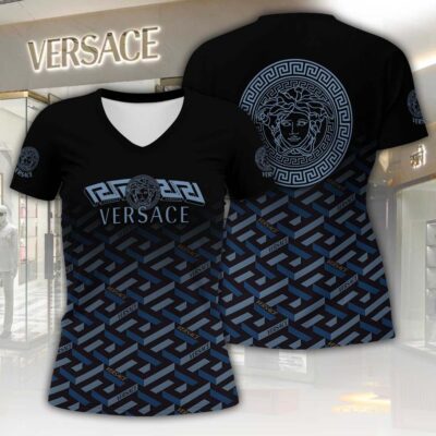 Versace Blue Manifesto Pattern Luxury Women V-neck T-Shirt VNL1073