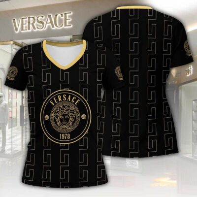 Versace Gold 1978 Pattern Luxury Women V-neck T-Shirt VNL1074