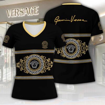 Versace Golden Pattern Luxury Women V-neck T-Shirt VNL1075