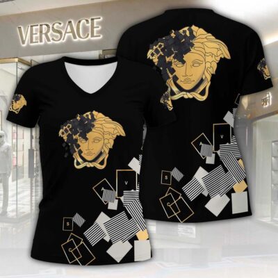 Versace Logo Gold Luxury Women V-neck T-Shirt VNL1078