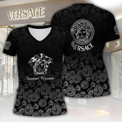 Versace Logo Pattern Luxury Women V-neck T-Shirt VNL1071