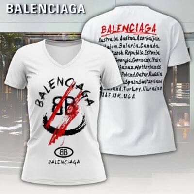 Balenciaga Logo White Luxury Women V-neck T-shirt VNL1088
