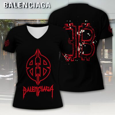 Balenciaga Red Logo Luxury Women V-neck T-shirt VNL1085