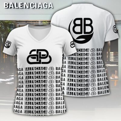 Balenciaga White Logo Luxury Women V-neck T-shirt VNL1083