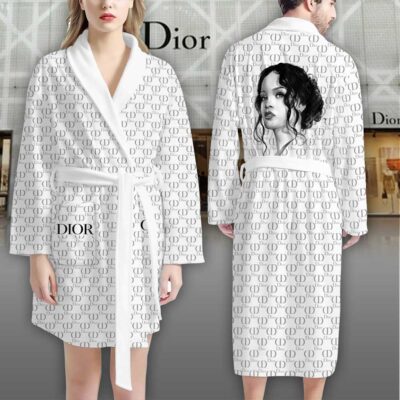 Dior White Pattern Robyn Rihanna Luxury Bathrobe 2