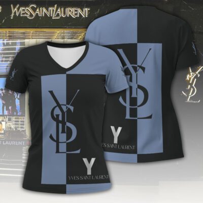 YSL Blue Luxury Women V-neck T-shirt VNL1095