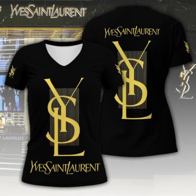 YSL Gold Luxury Women V-neck T-shirt VNL1096