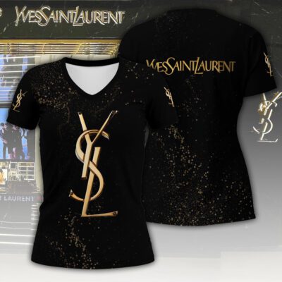 YSL Golden Glitter Luxury Women V-neck T-shirt VNL1098