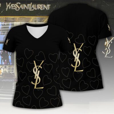 YSL Hearts Gold Luxury Women V-neck T-shirt VNL1094