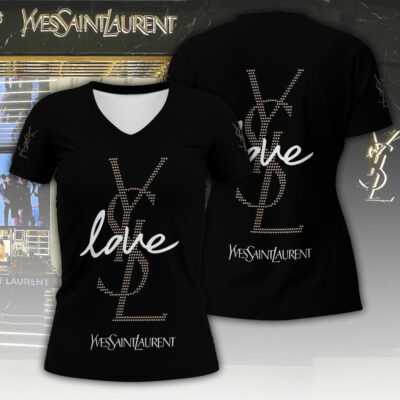 YSL Rhinestone Love Luxury Women V-neck T-shirt VNL1097