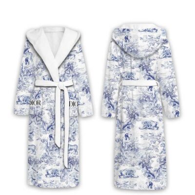 Dior Toile De Jouy Pattern Luxury Unisex Flannel Hooded Bathrobe